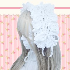ヘッドドレス 白 手編み ロリータ ニット ハンドメイド ハンドメイド ヘッドドレス イヤーマフ ホワイト リボン 白 フリル