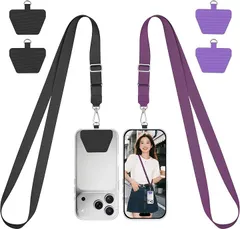Doormoon スマホ ストラップ 携帯用 ネックストラップ ホルダー 携帯ストラップ 360°回転でき 落下防止 紛失防止 スマホショルダー ストラップホルダー (ブラックｘパープル,  48.5～65cmで調節可能)