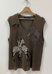 RALPH LAUREN ラルフローレン ベスト ニットベスト リネン アニマル柄 動物 ほつれ有り サイズM ブラウン  麻100%