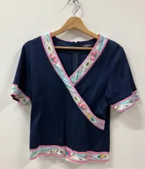 LEONARD レナード 半袖Tシャツ•カットソー Ｖネック 花柄 ラインストーン サイズL ネイビー ピンク 綿100%