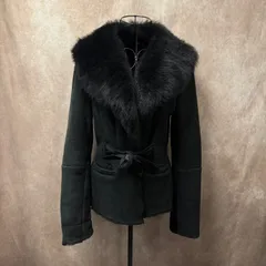 Max Mara マックスマーラ 銀タグ ムートンコート 40 ブラック ラムレザー ファー リボンベルト付き スペイン製 レディース 569