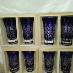 グラスコップ カガミクリスタル製 江戸切子 ペア・一口ビールグラス 冷酒グラス 木箱入り 2ケセット×４点まとめ 長期間保管品 S520