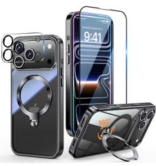 ★【三重保護セット！上品なメタリック光沢】OYR iPhone 17 Pro用クリア ケース Magsafe 対応[360°回転CD スタンド・10 万回開閉テスト][メッキバンパー・iPhone専属色][カメラ保護とガラスフィルム付き]　ブラック