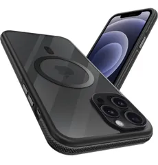 ★iPhone 12 Pro Max MagSafe ケース 耐衝撃 滑り止め アイフォン 12ProMax スマホケース 【新しい衝突防止ストリップ設計】［フォーインワン構造設計］米軍MIL規格 カバー 軽量 ワイヤレス充電対応 半透明 (ブラック)