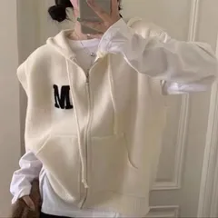 新品 ベスト ニットベスト レディース ジップアップ ノースリーブ パーカー フード付き トップス 英字 秋物 オフィス 通勤  通学 シンプル カジュアル ファッション mlxao