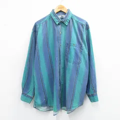 XL/古着 長袖 シャツ メンズ 90年代 90s 大きいサイズ コットン 緑他 ストライプ 25dec09