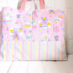 ハンドメイドレッスンバッグ☆ピンク遊園地ネコ×カラフルストライプ☆