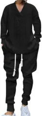 Stilia メンズ セットアップ 秋 長袖ニット Vネック カジュアル 上下セット ストレッチ素材 軽量 無地 スリムフィット きれいめ (ブラック,  L)