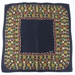 美品☆CHANEL シャネル ヴィンテージ シルク100％ ロゴ入り 宝石柄 大判 スカーフ ブラック マルチカラー イタリア製 レディース