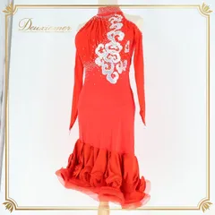 社交ダンス 衣装 ラテン ドレス ワンピース 赤 フリル デモ 競技 ダンス パーティ 発表会 パーティドレス 長袖 リボン かわいい レッド系 スパンコール ドレススタイル ラテンスタイル おしゃれ ダンスウェア パーティー用 キュート