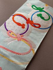 帯　袋帯　水色　組紐　カラフル