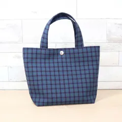 【ボタン付き】 ファミリア風 上品ネイビーグリーンチェック タータンチェック マチあり ポケット付き ミニトートバッグ ランチバッグ　サブバッグ　ミニバッグ ハンドメイド