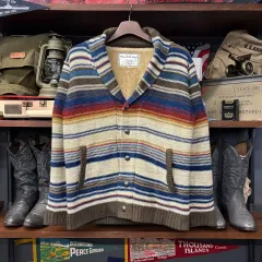 90s JPN エスニック ジャカード ストライプ ボア ライニング ショールカラー カーディガン N562