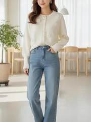 [バラ編みY]フラワー パッチ 刺繍カーディガン 可愛らしい 花ボタン POINT ニットカーディガン