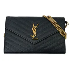 YVES SAINT LAURENT イヴ・サンローラン カサンドラ チェーン ショルダー 長財布 レディース レザー ネイビー 中古