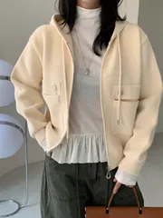 25-830フーディー ダブルポケット アウター ジャケット ジャンパー 暖かい ジップアップ ボタン レイヤード