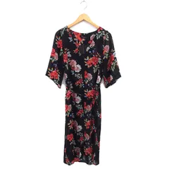 ジーナシス JEANASIS シフォン シャツワンピース 比翼仕立て リボン ゆったり ロング 花柄 七分袖 F 黒 ブラック /NT32