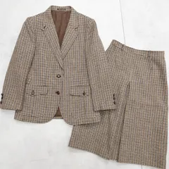 バーバリー　セットアップ　ジャケット　スカート　2点セット　千鳥　チェック柄　ガンクラブチェック　くるみボタン　ウール　ブラウン　レディース　11号　a01179