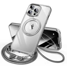 iPhone 14 Pro Max 用 ケース ダブルリング付き ショルダー ストラップ付き 多機能360度回転スタンド MagSafe対応 ワイヤレス充電対応 耐衝撃 薄型 透明 PC + 軽量 シリコン TPUバンパー おしゃれ スマホケース