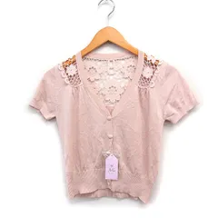 エージーバイアクアガール AG by aquagirl タグ付き ニット カーディガン 半袖 Vネック レース 無地 コットン 綿 M ピンク /FT20