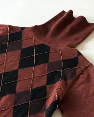 ブラウン アーガイル タートルネック ニット