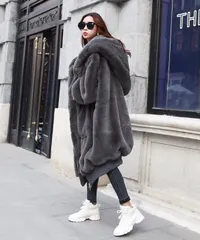 ＜在庫処分＞秋冬新作 フェイクラビットファー ロングフード付きコート レディース 厚手あったか bu1