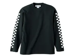 袖CHECKER L/S T-shirt BLACK/長袖 ロンtee 白黒 市松模様 格子柄 チェック チェッカーフラッグ 袖プリント サイドライン 重ね着 レイヤード vans