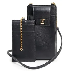 サルヴァトーレフェラガモ 220381 ヴァラ リボン フォンポーチ カーフスキン ブラック 携帯 スマートフォンケース 斜め掛け ショルダーバッグ レザー ゴールド金具 箱付 Salvatore Ferragamo（新品・未使用品）