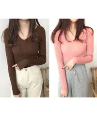 【７色】タイト リブニット Vネック 長袖 きれいめ レディース★トップス おしゃれ 可愛い 黒茶白