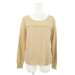 クイーンズコート QUEENS COURT ニット セーター ラウンドネック 長袖 ウール混 切替 ラインストーン パール ライン サイドギャザー ワンポイント 2 ベージュ /AH9