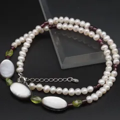 J839 淡水真珠 シェル ペリドット ガーネット SILVER 925 STERLING刻印 ネックレス デザイン シルバー 1月6月8月誕生石