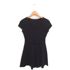 ザラ ベーシック ZARA BASIC ワンピース フレア ひざ丈 リボン 丸首 プルオーバー 半袖 M 黒 ブラック /TT13