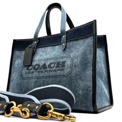 美品 COACH コーチ 2way フィールドトート デニム ショルダーバッグ ロゴ 自立 可愛い おしゃれ 大容量 手持ち 斜め掛け レディース インディゴブルー