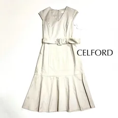cY77 新品 CELFORD Vネックワンピース 膝丈 ドレス ワンピース ペプラム フリル ノースリーブ ベルト ノースリーブ フレンチスリーブ ワンピース ドレス ベージュ セルフォード 定価25,400円