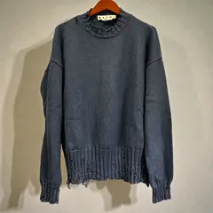 MARNI　マルニ　GCMG0210A0 UFC652 メンズ クルーネック 長袖 ダメージ加工 コットンニット ロゴ刺繍　ブルー　48