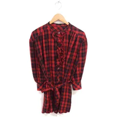 グリーンレーベルリラクシング ユナイテッドアローズ green label relaxing シャツワンピ ワンピース チェック フリル ひざ丈 ウエストリボン 長袖 レッド ブラック 赤 黒 /TT