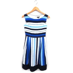 トッカ TOCCA フレア ワンピース ひざ丈 ストライプ ノースリーブ バックジップ タック 0 青 ブルー /NT18
