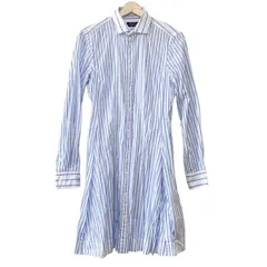 ポロラルフローレン ワンピース サイズ10 L レディース - 白×ライトブルー レギュラーカラー/長袖/ひざ丈/シャツワンピ/ストライプ