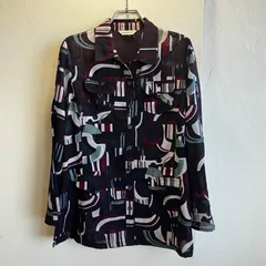 美品✨ グレイシャス GRACIOUS しまむら ボタン シャツ ブラウス シアー シースルー 透け感 総柄 幾何学柄 アート柄 開襟 オープンカラー 前開き 長袖 薄手 軽やか レイヤード 羽織り カジュアル きれいめ モード マルチカラー スリット 金具