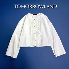 cY60 TOMORROWLAND collection カットソーコンビネーション ショートブラウス ノーカラー シャツ バンドカラー フリル ピンタック 長袖 ブラウス カーディガン ボタン ホワイト 白 トゥモローランド 定価23,100円
