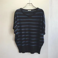 良品✨ ジーユー GU ニット セーター Vネック ボーダー 薄手 バイカラー ブラック 黒 ブルー 青 大きめ ゆったり オーバーサイズ ビッグシルエット 体型カバー ドルマン 半袖 アクリル 大人カジュアル ナチュラル シンプル