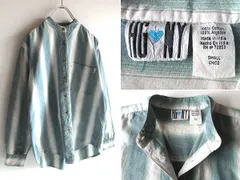 希少 ビンテージ HG NY インド製 コットン オンブレストライプシャツ バンドカラーシャツ S ブルーグリーン オフホワイト USA古着