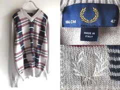 イタリア製 FRED PERRY フレッドペリー ローレル刺繍 ウール チェック切替 Vネック ニット セーター 42 グレー ネイビー バーガンディ