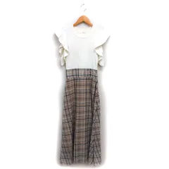 ロイヤルパーティー ROYAL PARTY チェック ニット フレア ワンピース マキシ フリルスリーブ 切替 リブ 半袖 F ベージュ /NT32