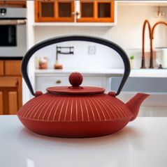 美品・内側ホーロー加工】南部鉄器 鉄急須「日の丸」レッド 鍋敷き 