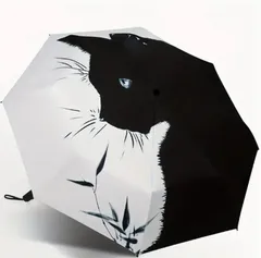 【新品・未使用】 黒と白の猫柄折りたたみ傘 防雨サンシェード UV 保護旅行傘 自動折りたたみ傘 日焼け防止 8本の骨組み