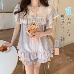 【新品?未使用】 パジャマ ルームウェア レディース フリル袖 レース切替え 春夏 上下セット 半袖 トップス 短パン ショートパンツ 2点セッ