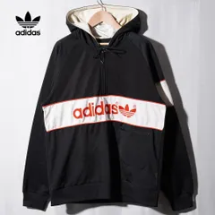 アディダス adidas ハーフジップ パーカー L 相当 表記 M ブラック 00s 万国旗タグ ワッペン刺繍 ストリート Y2K スポーツミックス トレフォイルマーク ハーフジップフーディ ホワイト レッド 古着 P3010