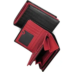 [GSG] 2つ折り財布 メンズ カーボンレザー 人気 ブランド レザー 二つ折りサイフ 大容量 ふたつおり さいふ カード収納19枚 仕切りあるファスナー小銭入れ 折りたたみ 男性 紳士用 プレゼント ギフトにも 1