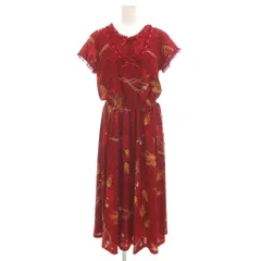 インゲボルグ INGEBORG 美品 ワンピース 3 赤 レッド ウエストベルト ドット柄 植物柄 花柄 ロング丈 半袖 フリルネック /SJ ■GY61